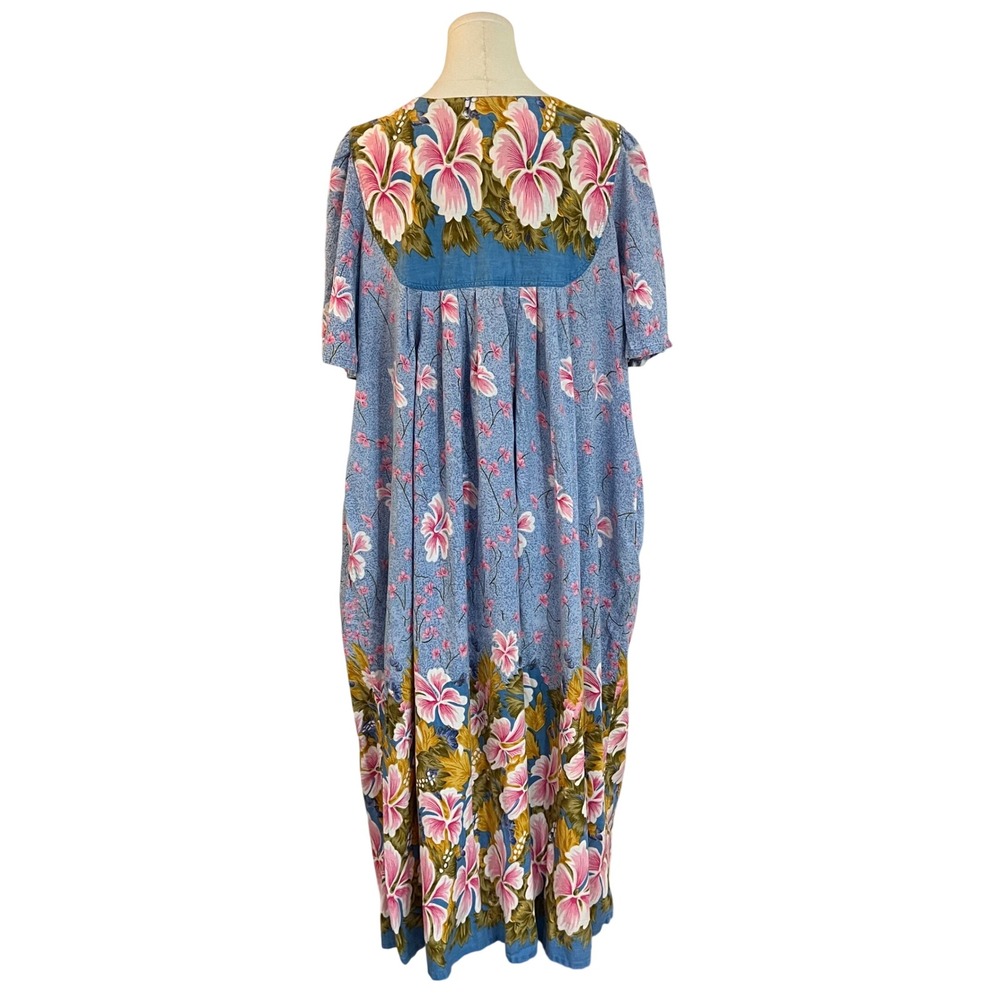 Vintage Hawaiian Floral Muumuu Maxi Dress Blue Pink Hibiscus House Dress XL - Picture 8 of 10